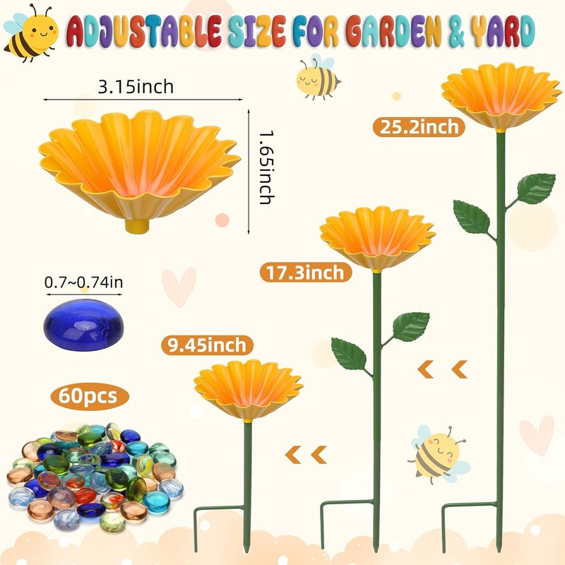 HEYTIMI 6 Pack Bee Watering Station, Bee Feeder for Garden Metal Butterfly Water Feeder Colorful Flower Design Bath Bowl with Glass Beads for Pollinators Outdoor Garden Yard & Patio Decor - Image 2